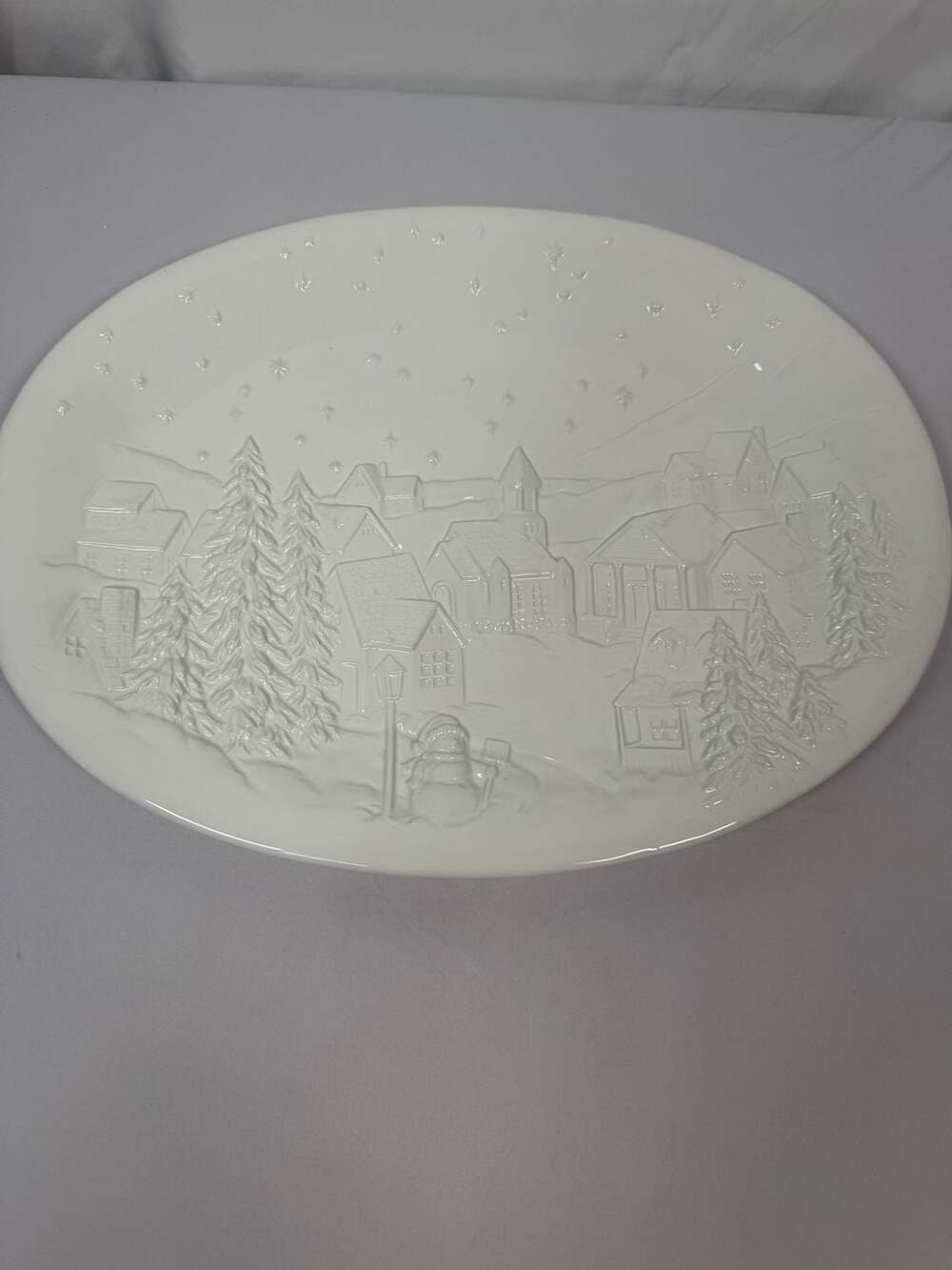 White Ceramic Christmas Village Winter Wonderland Oval Serving Platter